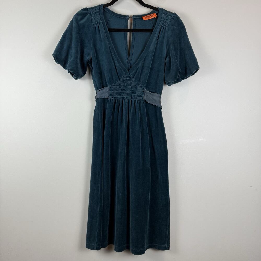 Juicy Couture Velour Velvet Midi Dress Small Blue Puff Sleeve Y2K USA Whimsigoth